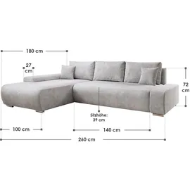 Juskys Sofa Iseo Links mit Schlaffunktion - Stoff Couch L Form für Wohnzimmer - Hellgrau