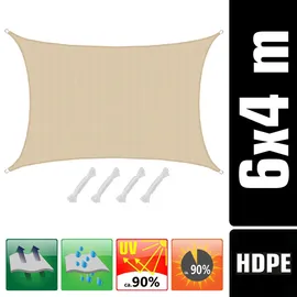 AMANKA Sonnensegel 4x6 HDPE Rechteckig Sonnenschutz Überdachung Garten Balkon Beige