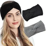 Fashband Strick-Stirnbänder für Winter, Ohrenwärmer, schwarz, elastisch, gedreht, gehäkelt, grob, Kopfwickel für Damen und Mädchen (2 Stück)