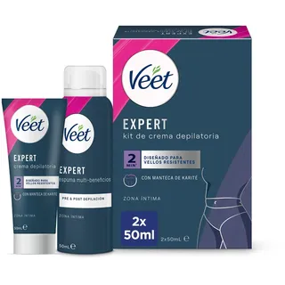 Veet Expert Haarentfernungsset für Intimzonen des Körpers, Haarentfernungscreme für Damen, 50 ml und Multi-Foeffizienter Schaum, 50 ml