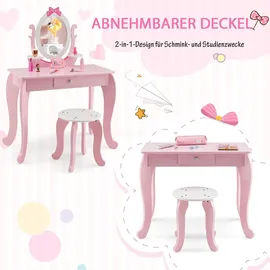 Costway Schminktisch-Set für Kinder, 2-in-1 Kinder Schreibtisch aus Holz mit Hocker