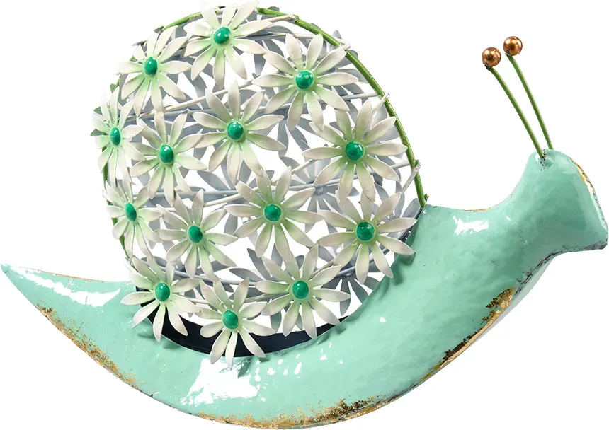 Schnecke Metall 34x9x22cm mit Blumen hellgrün/weiß  - hgn/weiß