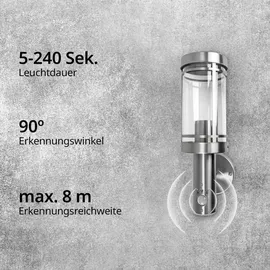 Grafner Edelstahl Wandlampe silber, Bewegungsmelder, IP44, E27 Fassung, ideal für smarte LED-Leuchtmittel, Klarlack-Beschichtung, Wandleuchte Wand...