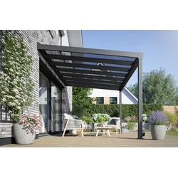 Rexin Terrassendach REXOpremium – hochwertiges Aluminium Terrassendach 5m x 2m, BxT: 506×200 cm, Bedachung VSG-Glas klar oder VSG-Glas grau, mit 4mm starken Profilen, Terassenüberdachung, Vordach grau