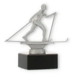 Pokal Metallfigur Skilanglauf silbermetallic auf schwarzem Marmorsockel 13,5cm