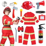 Feuerwehr Kostüm Kinder, Feuerwehrmann Kostüm Kinder Spielzeug, Feuerwehr Jacke 100, Feuerwehrhelm Kinder 7-10 Jahre Jungen Mädchen, Rot Faschingskostüme-Feuerlöscher Taschenlampe, Fernglas Set - 120