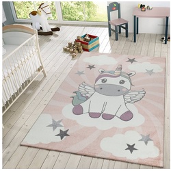 Kinderteppich Kinderteppich Mädchen Spielteppich Niedliches Einhorn Wolken, TT Home, rund, Höhe: 16 mm rosa rund - Ø 200 cm x 16 mm