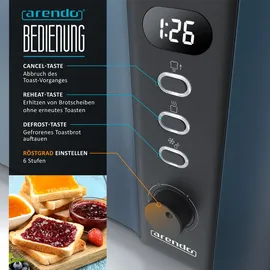 Arendo 4-Scheiben-Toaster mit Restzeitanzeige, Langschlitz-Toaster, Auftaufunktion, 6 Stufen, Blau