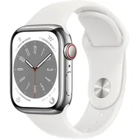 Apple Watch Series 8 GPS + Cellular 41 mm Edelstahlgehäuse silber, Sportarmband weiß