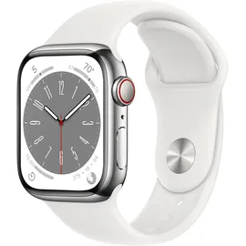 Apple Watch Series 8 GPS + Cellular 41 mm Edelstahlgehäuse silber, Sportarmband weiß