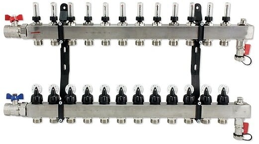 FBH-Verteiler 12-fach aus Edelstahl mit Topmeter, Entlüftung, Kugelhähnen und Spülvorrichtung