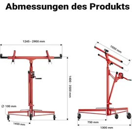 Wiltec XXL Plattenheber bis max. 68 kg Höhe 140-350 cm max. Breite 2,90 m Trockenbau Montagehilfe 1-Mann-Bedienung 3 Räder mit Feststellbremse Rot