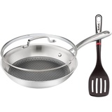 Tefal Bratpfanne E497, Edelstahl (3-tlg), (24) cm mit kratzfester Mesh Antihaftbeschichtung + Jamie Oliver Glasdeckel + Ingenio Pfannenwender, Induktionsherd geeignet, Genietete Griffe, Antihaft Bratpfanne