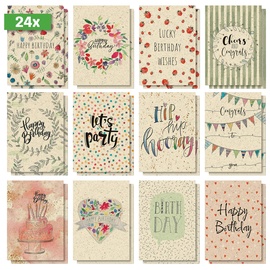 Sigel DS702 Geburtstags-Postkarten-Set, "Happy Grassy Birthday", A6, 12 unterschiedliche Geburtstagskarten aus nachhaltigem Graskarton, aus nachhaltigem Papier