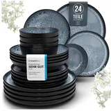 PURE LIVING INTERIOR DESIGN Steingut Geschirrset 6 Pers. Ibiza 24 tlg. TESTSIEGER, Hochwertiges Mediterranes Steingut Geschirr Set Schüssel- und Teller Set Tafelservice 6 Personen Geschirrsets Pure Living in Rauchblau