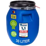 plasteo plasteo® 30 Liter Deckelfass mit Spannverschluss Lebensmitteltauglich Futtertonne Luftdicht Verschließbar Stapelbar und Palettengerecht Stabile Griffmulden Blau