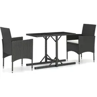 VidaXL 3-tlg. Garten-Essgruppe Poly Rattan und Hartglas Schwarz