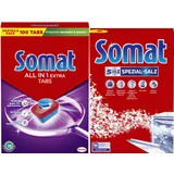 SOMAT Tabs 100 AW all in 1 Extra, Geschirrspül Tabs für Sauberkeit auch bei niedrigen Temperaturen, bekämpft eingetrocknete Rückstände + SOMAT 5in1 Spezial-Salz 1,2kg