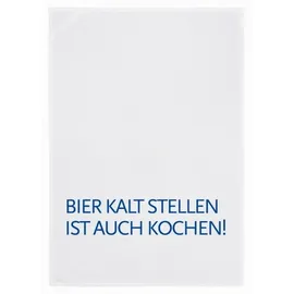 17;30 HOME Geschirrtuch 100% Baumwolle, humorvoller Spruch Bier kalt stellen ist auch Kochen!, umweltfreundlich, weiß-blau, 50x70 cm