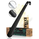 Robfox Edelstahl Schuhlöffel, 33cm lang, Schwarz-Matt I Extra stabil & optimal langer Schuhanzieher I Anziehhilfe klein & kurz I Metall Schuhloeffel - Shoe Horn I Elegant mit Design-Verpackung