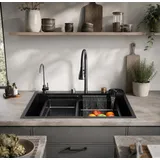 Faizee Home Einbauspüle Edelstahlspüle mit Wasserfall, Schalldämmung, 4-fach Armatur