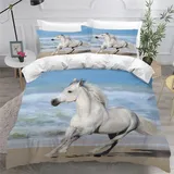 NUYSP Bettwäsche 135x200 Pferd Einzelbett Bettbezug Set für Kinder 3D Druck Weißes Pferd im Galopp am Strand Bettwäsche Set 3 Teilig mit 2 Kissenbezug Mikrofaser Bettbezug mit Reißverschluss