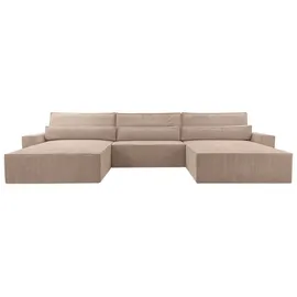 moeblo Wohnlandschaft DENVER U, Eckcouch aus Cordstoff Ecksofa U-Form Cord Sofa Couch Polsterecke U-Sofa - 410x85x200cm, mit Bettkasten und Schlaffunktion beige|braun