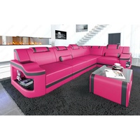Designer Sofa Leder PADUA L FORM Couch Ecksofa LED RGB Beleuchtung pink schwarz