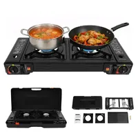 Campingkocher, Gaskocher 2-flammig Tragbar 5 kW mit Piezozündung und Grillplatte, Schmutzabweisende Beschichtung, Gas Stove Tischgerät für Outdoor, Balkon & Indoor