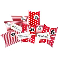 Frau WUNDERVoll® Adventskalender Christkind: Set 173, Kissenschachteln 15 x 11 x 4,5 cm rot Sterne und Streifen, Ziffern schwarz-weiß