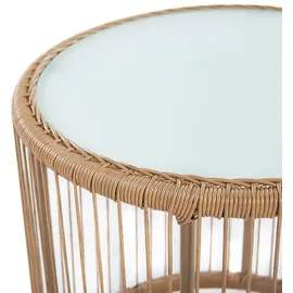 Beliani Balkonset Hellbraun Rattan Stahl Sicherheitsglas 2 Stühle Beistellstisch mit Auflagen Balkon Terrasse Garten - Beige/Schwarz