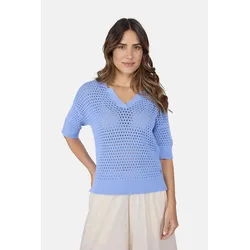 Strickpullover LIEBLINGSSTÜCK "PinsaL", Damen, Gr. 36, blau, Strick, Obermaterial: 100% Baumwolle, modisch, Basic, V-Ausschnitt, Kurzarm Bündchen, Pullover, mit Umschlagkragen, kleiner V-Ausschnitt