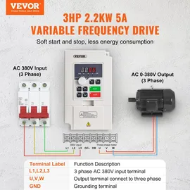 Vevor Frequenzumrichter VFD 3 PS, 2,2 kW, 5 A, 3-Phasen-Wechselstrom, 380 V Eingang auf 3-Phasen-Wechselstrom, 0 – 380 V Ausgang, Frequenzumwandler, 50/60 Hz Eingang, 0 – 2000 Hz Ausgang