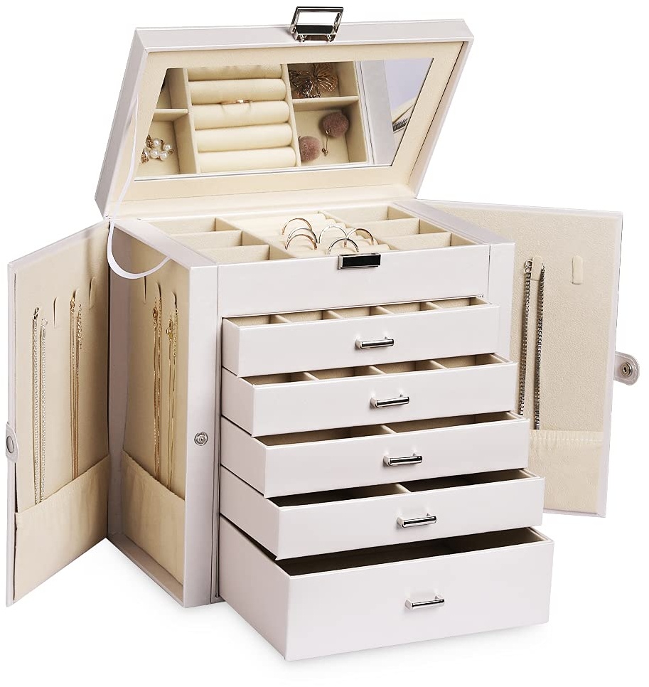Frebeauty Large Jewelry Box,6-Tier PU Leather Jewelry Organizer with Lock,Multi-functional Storage Case with Mirror,Accessories Holder with 5 Drawers for Earrings Necklace Bracelets (Pearl White)