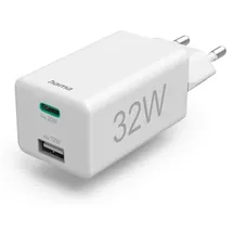 Hama Schnellladegerät 1x USB-C, 1x USB-A, Mini-Ladegerät, PD, 32 W, Weiß