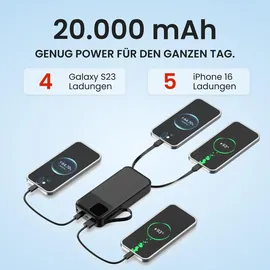Viesta Powerbank 20.000 mAh USB-C – 22,5 W Fast Charging, PD20 W, Type-C & Micro-USB Kabel, Digitalanzeige & LED-Taschenlampe – Schwarz - Schwarz
