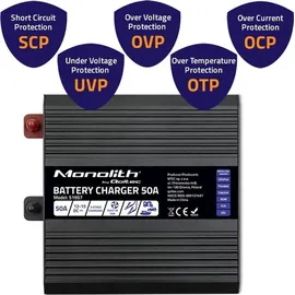 Qoltec intelligente professionelle Monolith-Ladegerät für LiFePO4-, AGM-, GEL- SLA-Batterien 50 A, 12 V)