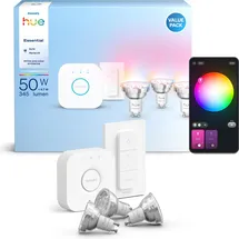 Philips Hue Essential Starter Kit Hue Bridge + 3 x Essential GU10 smarte Lampe + Dimmer Switch