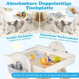 Fantask COSTWAY 6-in-1 Kinder-Tisch & Stuhl Set, mit Tischplatte, Stifteschlitz, Körben, & Bücherregal, Spieltisch für Kinder ab 18 Monaten - Grau/Beige