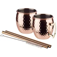 APS Cocktailglas, 5-tlg., Edelstahl, Moscow Mule Cocktail Set 2x Kupfer-becher glänzend 2x Metall Strohhalm rot