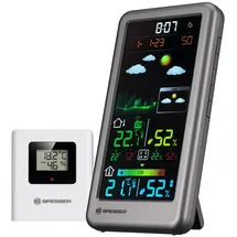 Bresser Funkwetterstation Neomeo V Silber, Farbdisplay, 24/48 Std. Wetterprognose, Temperatur-/Luftfeuchtigkeit, Außensensor 80 m, Temperaturalarm