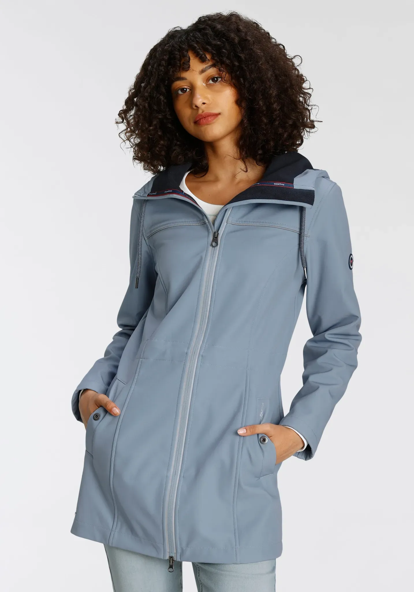 Softshelljacke KANGAROOS Gr. 38, blau (blau, grau) Damen Jacken Lange mit reflektierenden Details