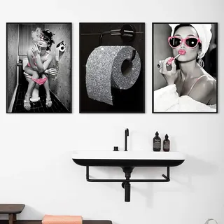 3PCS Bild Toilette,Sexy Frau auf Toilette mit Rauchen und Trinken,Kunstdruck Poster wc deko, Wanddeko Schwarz & Weiß, modern Bilder Bad Badezimmer,mit Rahmen(20 * 30cm)