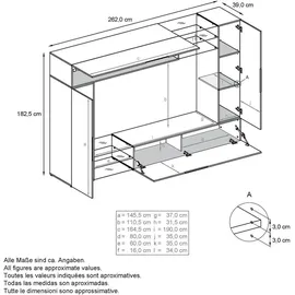 Vladon Wohnwand, Grau, Holzwerkstoff, 262x182.5x39 cm, Wohnzimmer, Wohnwände, Wohnwand-Sets