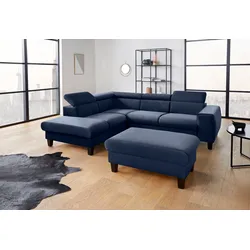 Polstergarnitur COTTA "Morven L-Form", blau, B:249cm, Sitzmöbel-Sets, Set bestehend aus: Ecksofa mit Kopfteilverstellung & Hocker