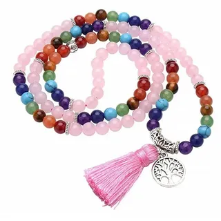 Saraswati Mala "Chakra Lebensbaum" 108 Rosenquarz- und Chakra Edelsteine mit Metall Anhänger