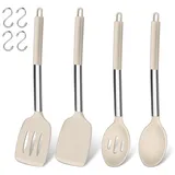 Küchenhelfer Set, Joyfair 4 Stück Silikon Pfannenwender und Kochlöffel Set, Hitzebeständig Küchenutensilien Set mit Edelstahlgriff, Kochbesteck für Kochen/Backen/Flip, Spülmaschinenfest - Khaki