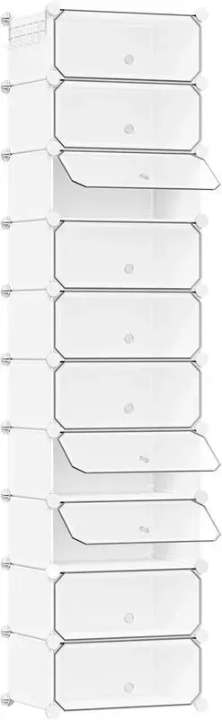 WOLTU Schuhschrank mit 10 Fächern, Aufbewahrungseinheit mit Türen für Flur, Schlafzimmer, Wohnzimmer, mit Hammer und Haken, Stapelbar, 40x30x170 cm, Weiß