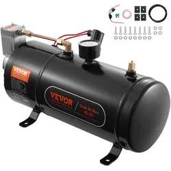 VEVOR 12-V-Luftkompressor-Set mit Tank 3 L, Zughorn-Luftkompressor-Satz, 90-120 psi Arbeitsdruck, Integriertes Luftkompressorsystem für Zug-Lufthupen, Aufpumpen von Reifen, LKWs, SUVs usw. Schwarz