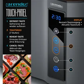 Arendo Toaster Kurzschlitz, Brötchenaufsatz, Wärmeisoliertes Gehäuse, Display, Touch